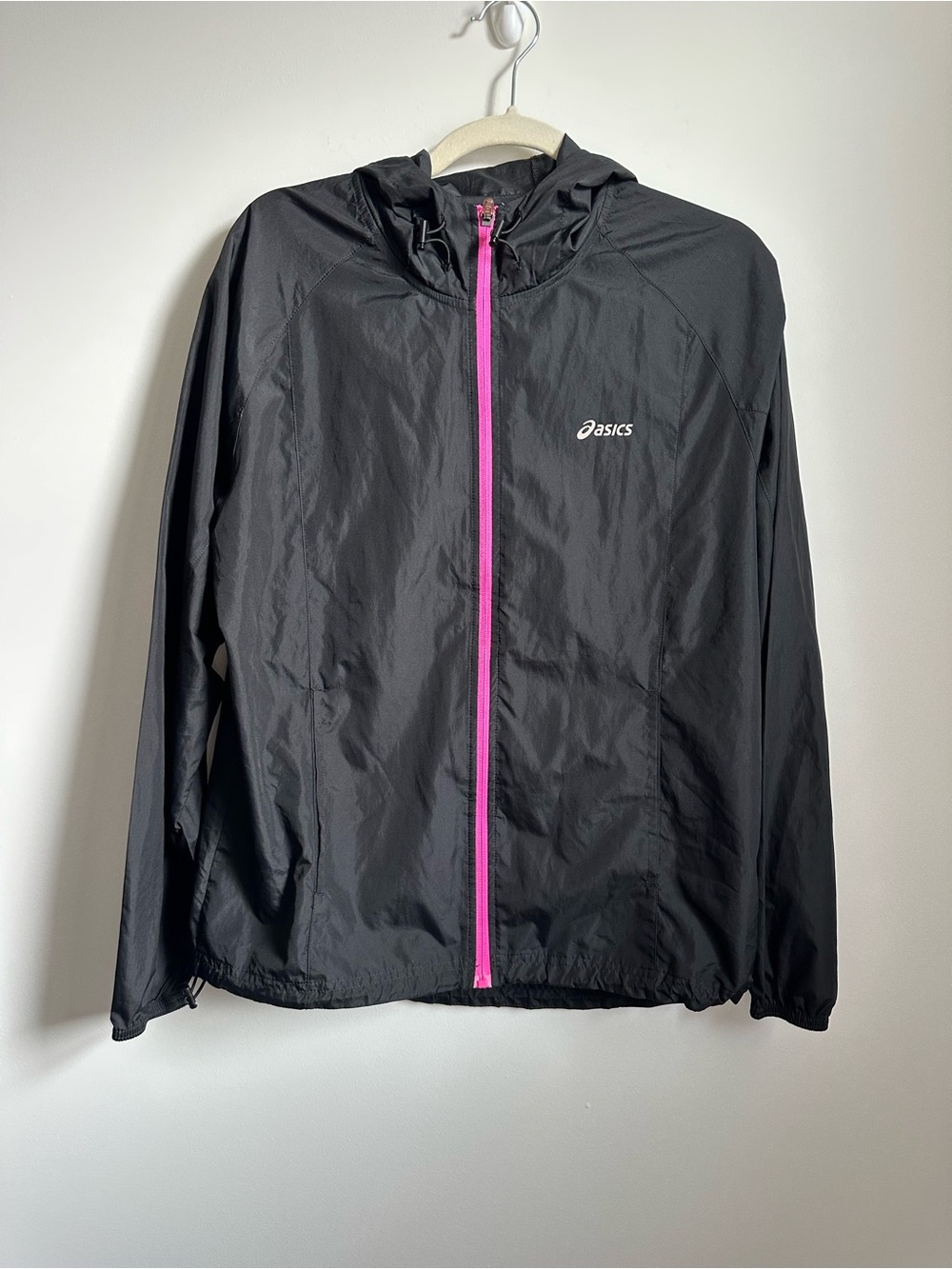 ASICS Women’s M Packable Running Rain Jacket Black Pink Hooded Windbreaker